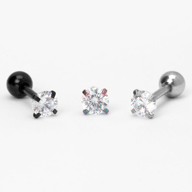 Clous d&rsquo;oreilles pour piercing de cartilage orn&eacute;s de strass en zircon cubique d&#39;imitation d&eacute;clin&eacute;s en anodis&eacute;, noir et couleur argent&eacute;e - Lot de 3,