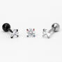 Anodized, Black &amp; Silver Cubic Zirconia Cartilage Stud Earrings - 3 Pack,
