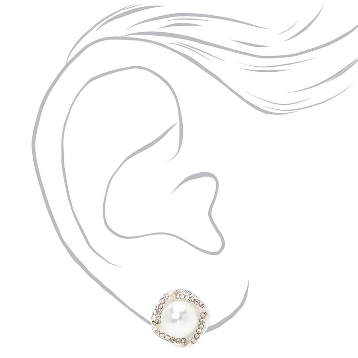 Silver-tone Embellished Halo Pearl Stud Earrings,