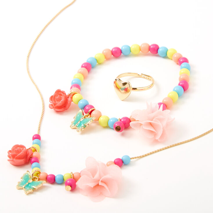 Claire's Parure de bijoux perlée arc-en-ciel roses et papillons Claire's Club - Lot de 3