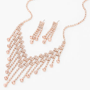 Rose Gold Crystal Waterfall 16&quot; Necklace &amp; 1&quot; Drop Earrings Set - 2 Pack,