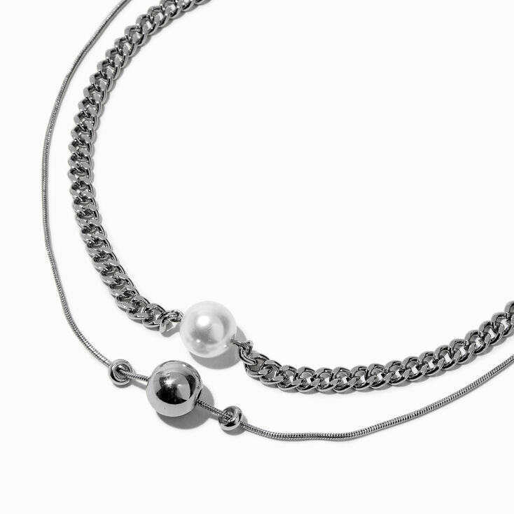 Colliers &agrave; pendentif perle d&rsquo;imitation cha&icirc;ne gourmette couleur argent&eacute;e - Lot de 2,