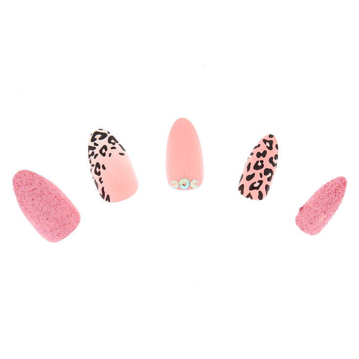 Claire's Lot de 24 faux ongles roses à motif léopard bling bling