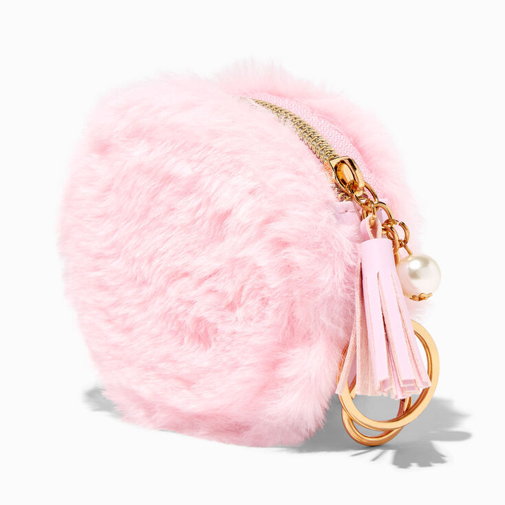 Pink Furry Pearl Initial Coin Purse Keychain - H,