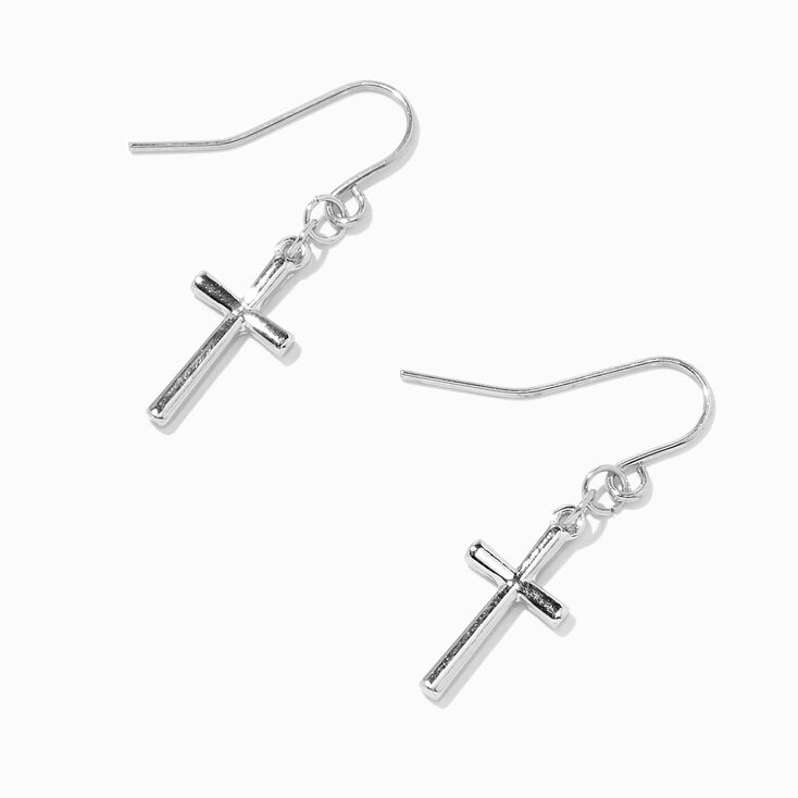 Silver Rhodium Cross 0.5&quot; Drop Earrings,