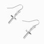 Silver Rhodium Cross 0.5&quot; Drop Earrings,