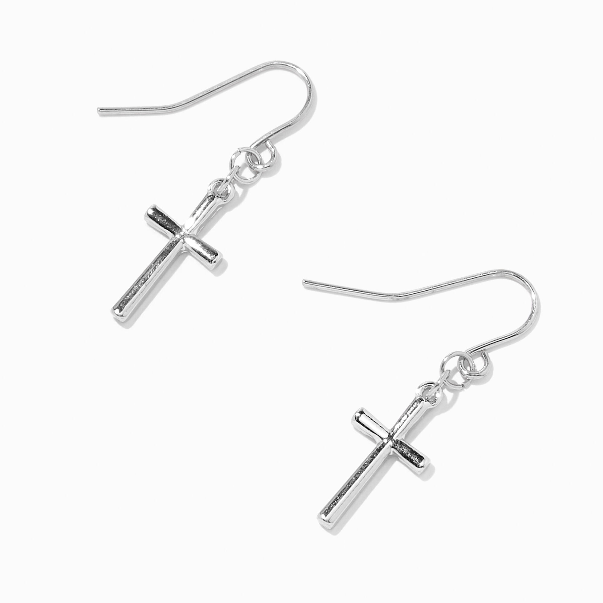 View Claires Tone Rhodium Cross 05 Drop Earrings Silver information