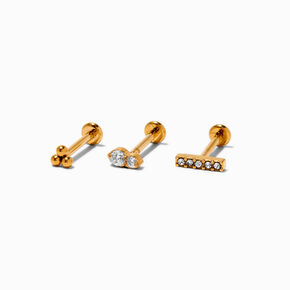 Gold-tone Titanium Cubic Zirconia 18G Stud Threadless Cartilage Earrings - 3 Pack,