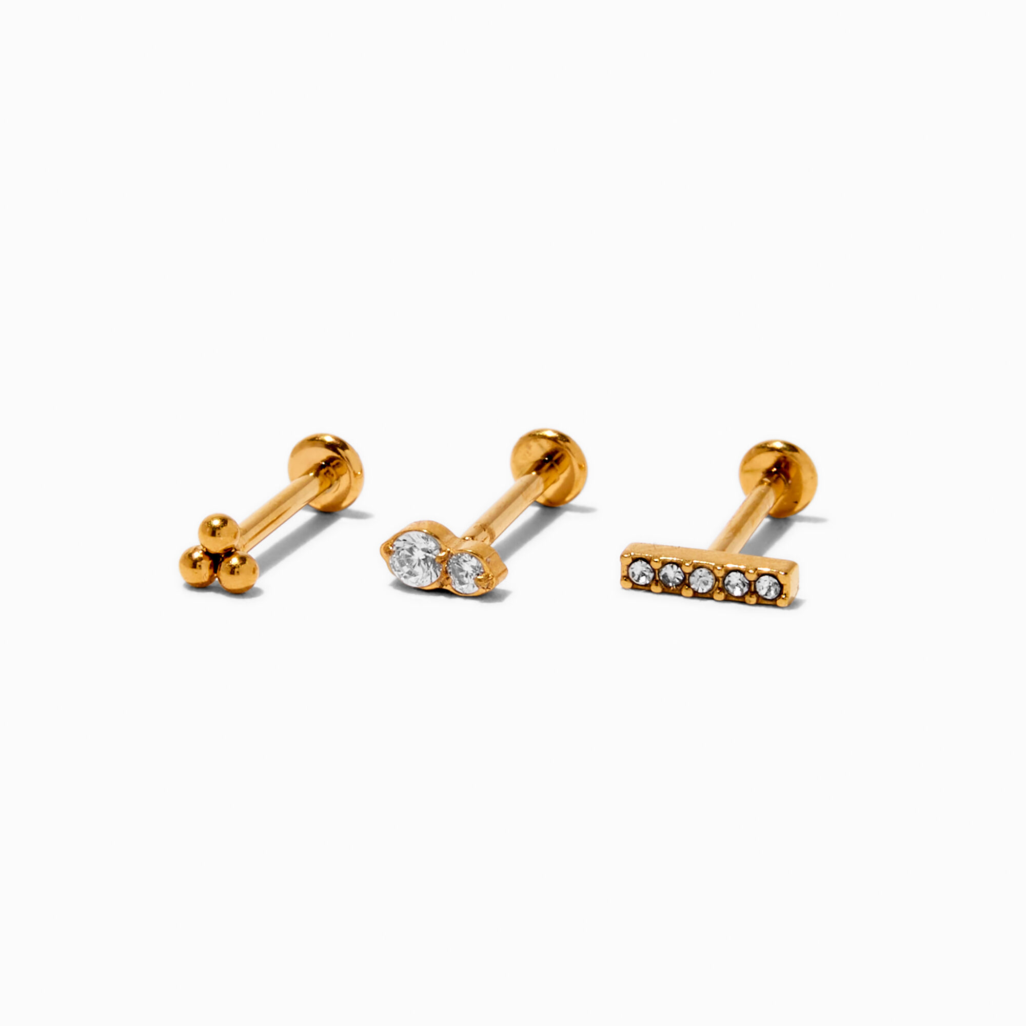View Claires Tone Titanium Cubic Zirconia 18G Stud Threadless Cartilage Earrings 3 Pack Gold information