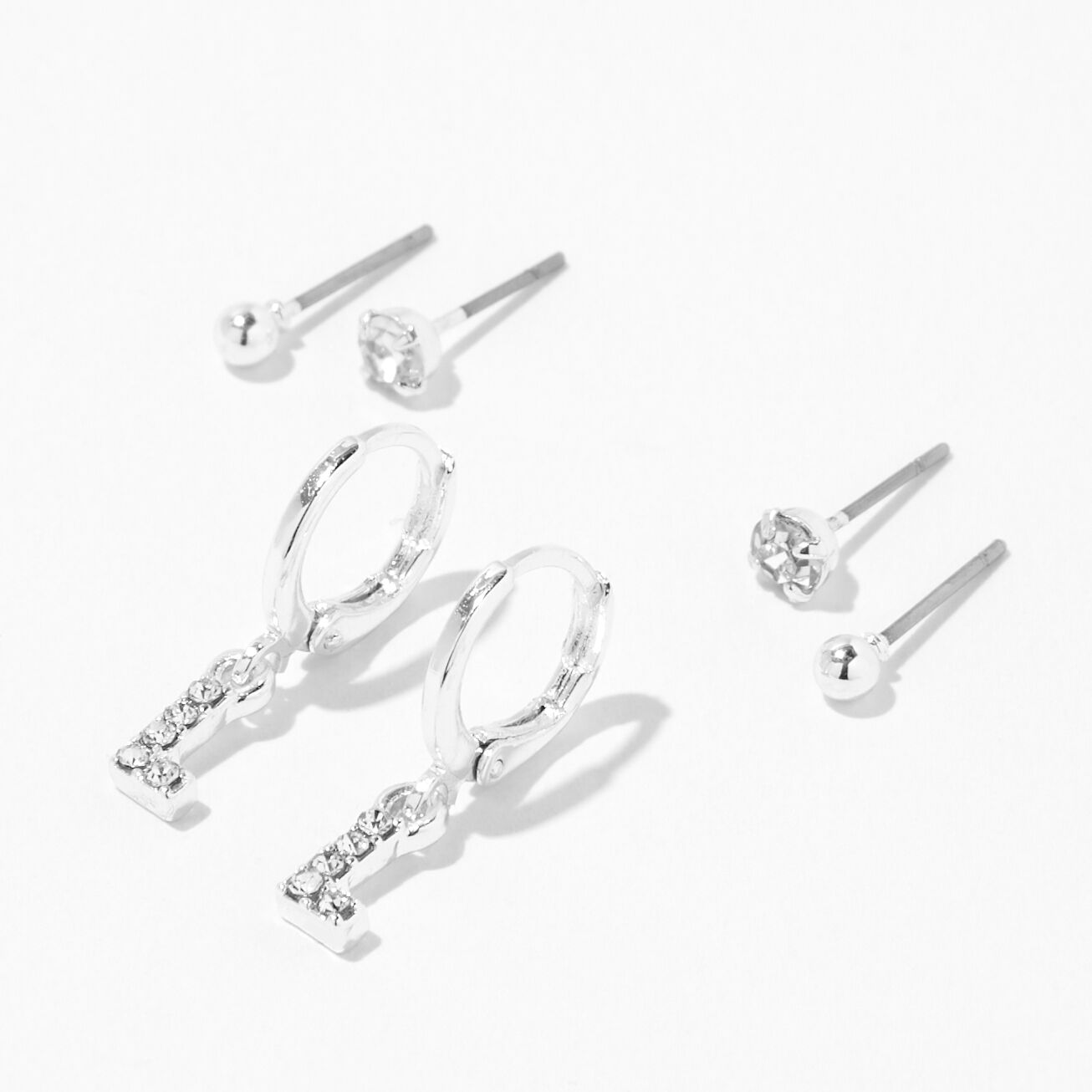 Silver Embellished Initial Huggie Hoop & Stud Earrings - 3 Pack, L,