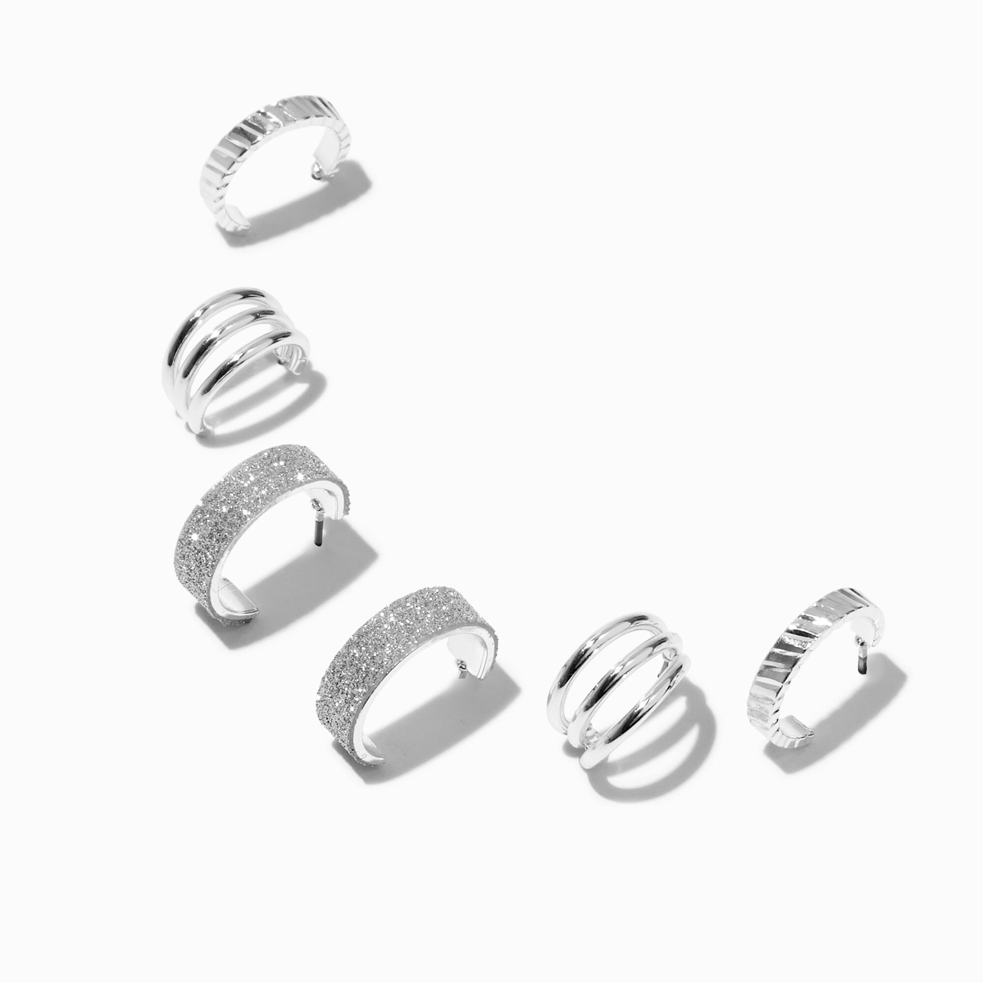 View Claires Tone Glitter Hoop Earring Stackables Set 3 Pack Silver information