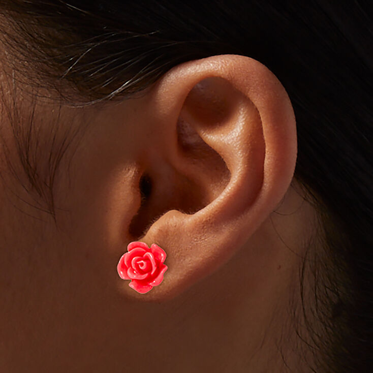 Neon Pink Carved Rose Stud Earrings,