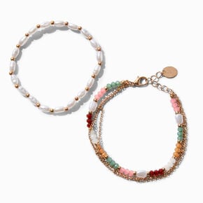 Bracelets multi-rangs perl&eacute;s perles d&#39;imitation couleur dor&eacute;e - Lot de 2,