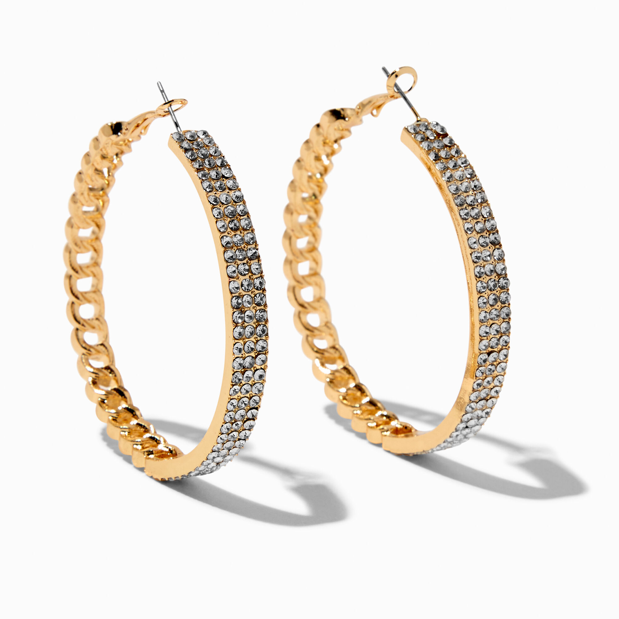 View Claires Tone Crystal Cuban Chain 70MM Hoop Earrings Gold information