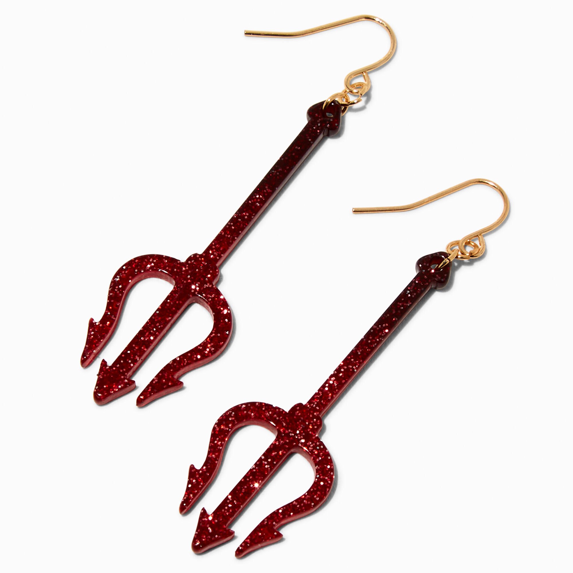 Red Glitter Pitchfork Drop Earrings,