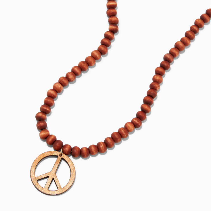 Wood Beaded Peace Sign Pendant Necklace,