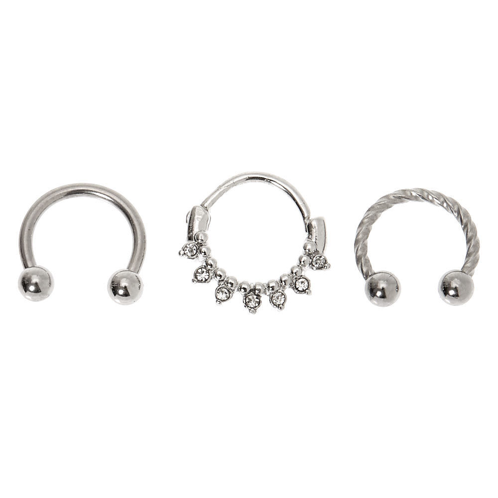 Silver-tone Twisted Crystal Cartilage Hoop Earrings - 3 Pack,