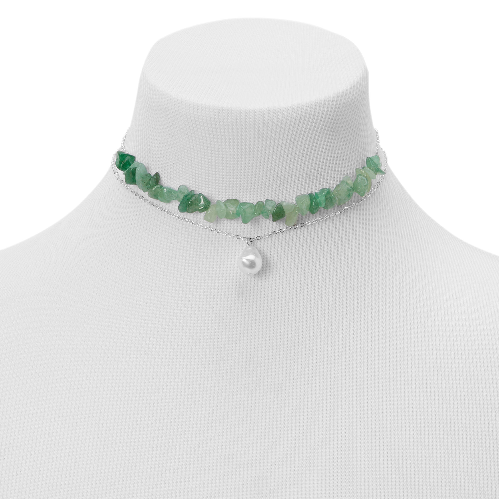 Silver Pearl & Green Stone Choker Necklaces - 2 Pack,