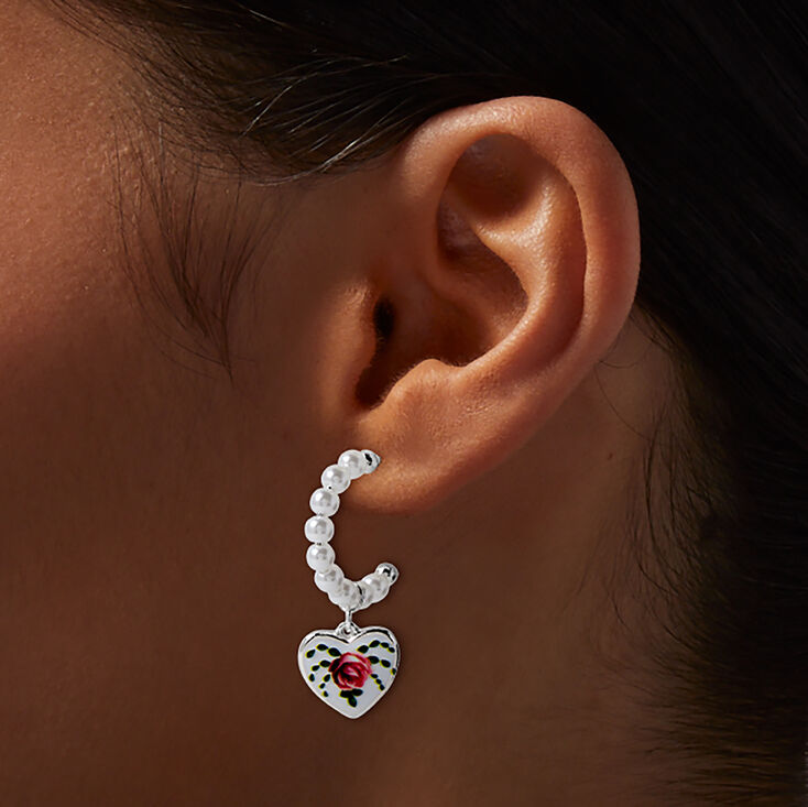 Antiqued Rose Heart Pearl Hoop Earrings,