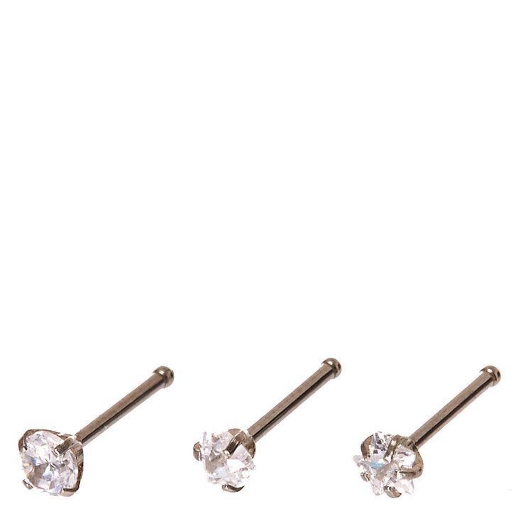 20G Silver-tone Stainless Steel Cubic Zirconia Mixed Shape Nose Studs - 3 Pack,