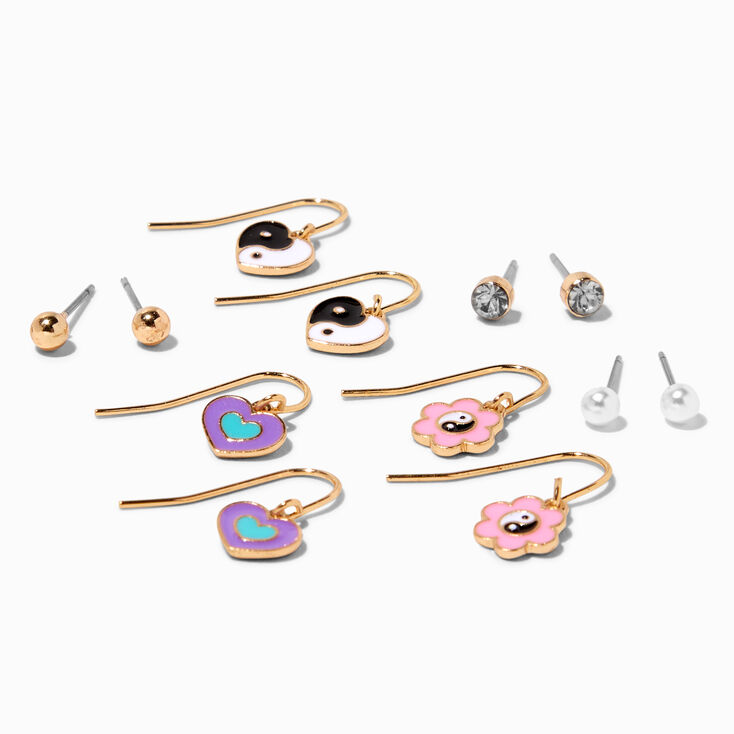 Gold Yin Yang Earrings Set - 6 Pack,