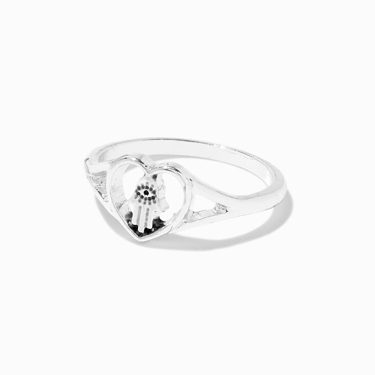 Silver Hamsa Hand Heart Rings Set - 10 Pack,