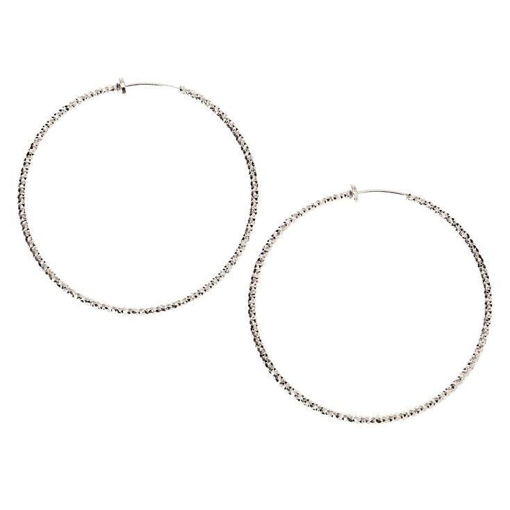 Silver 50MM Textured Clip On Hoop Earrings,