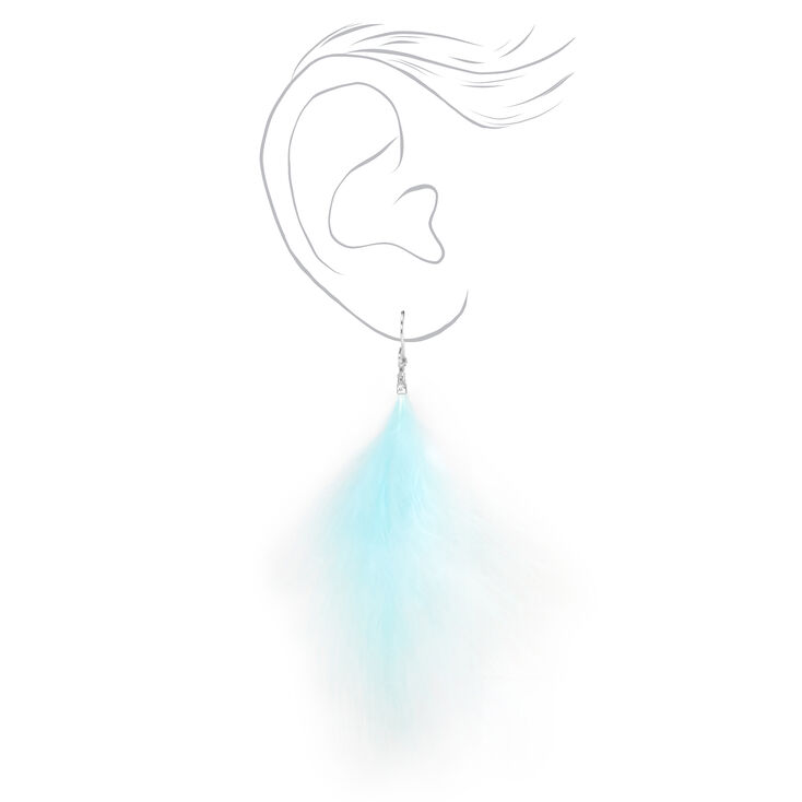 Silver 3&quot; Light Blue Feather Drop Earrings,
