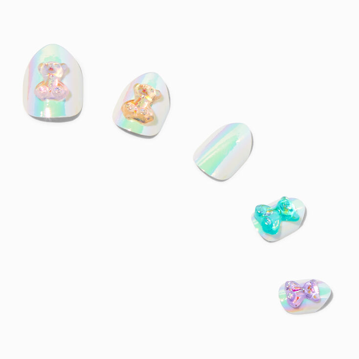3D Bear Charm Iridescent Stiletto Press On Vegan Faux Nail Set - 24 Pack,