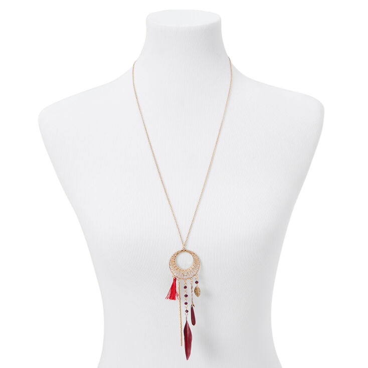 Gold Filigree Feather Long Crescent Pendant Necklace - Red,