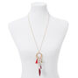 Gold Filigree Feather Long Crescent Pendant Necklace - Red,