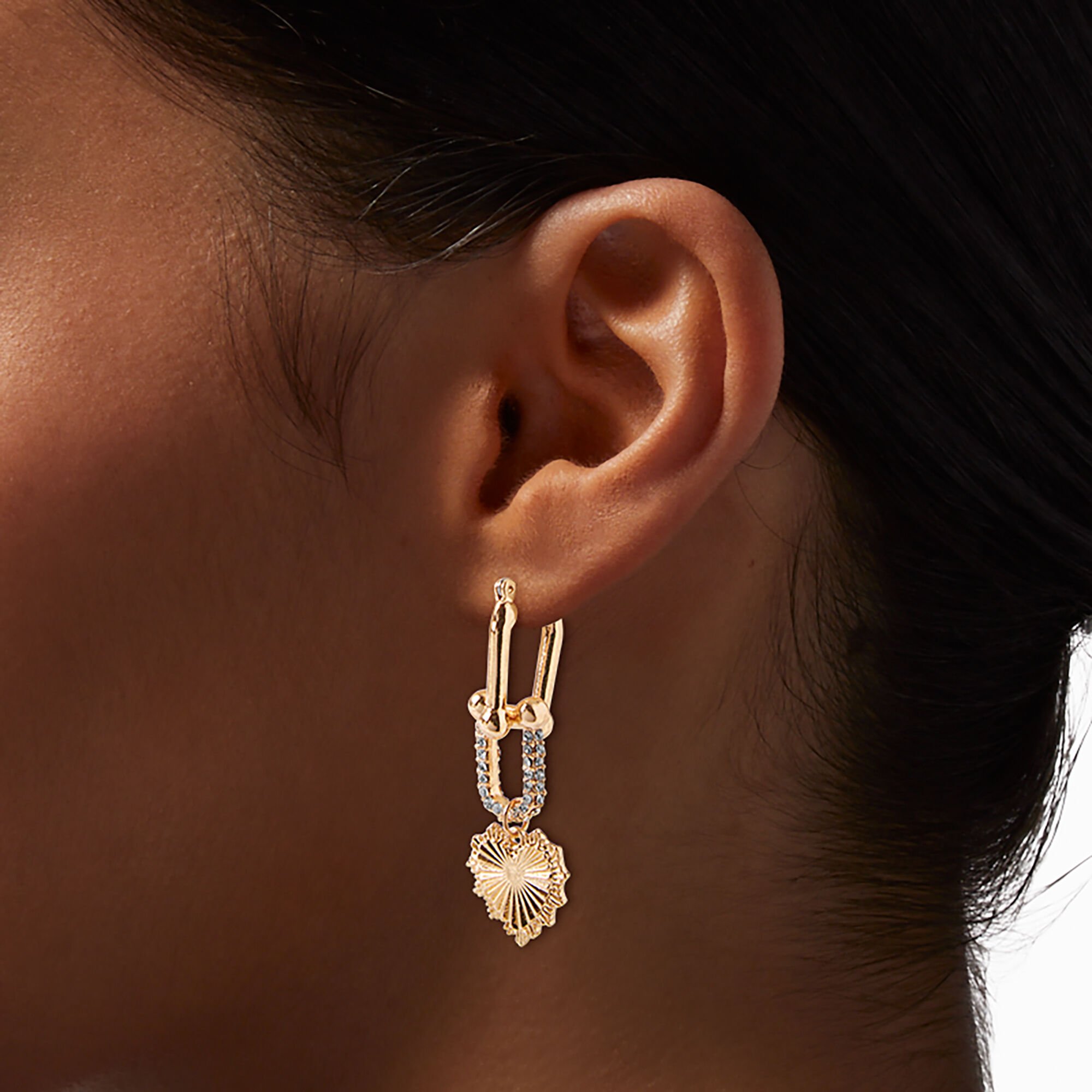 Gold-tone Chain Link Pavé Crystal Heart Drop Earrings,