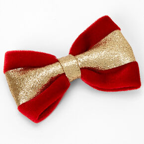Gold Glitter Velvet Hair Bow Clip - Red,