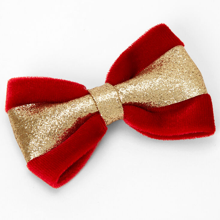 Gold Glitter &amp; Red Velvet Hair Bow Clip,