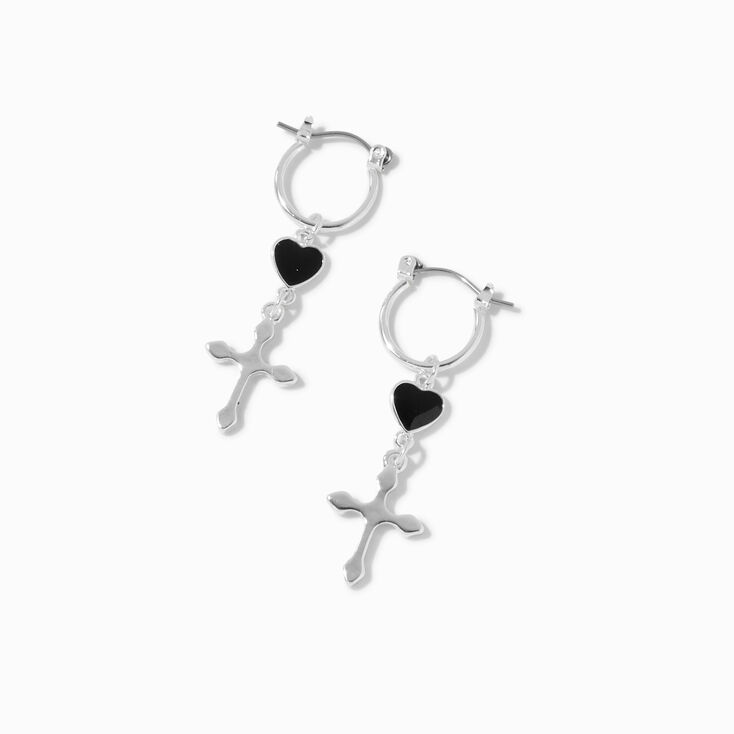 Boucles d&rsquo;oreilles huggies 15&nbsp;mm croix couleur argent&eacute;e c&oelig;ur noires,