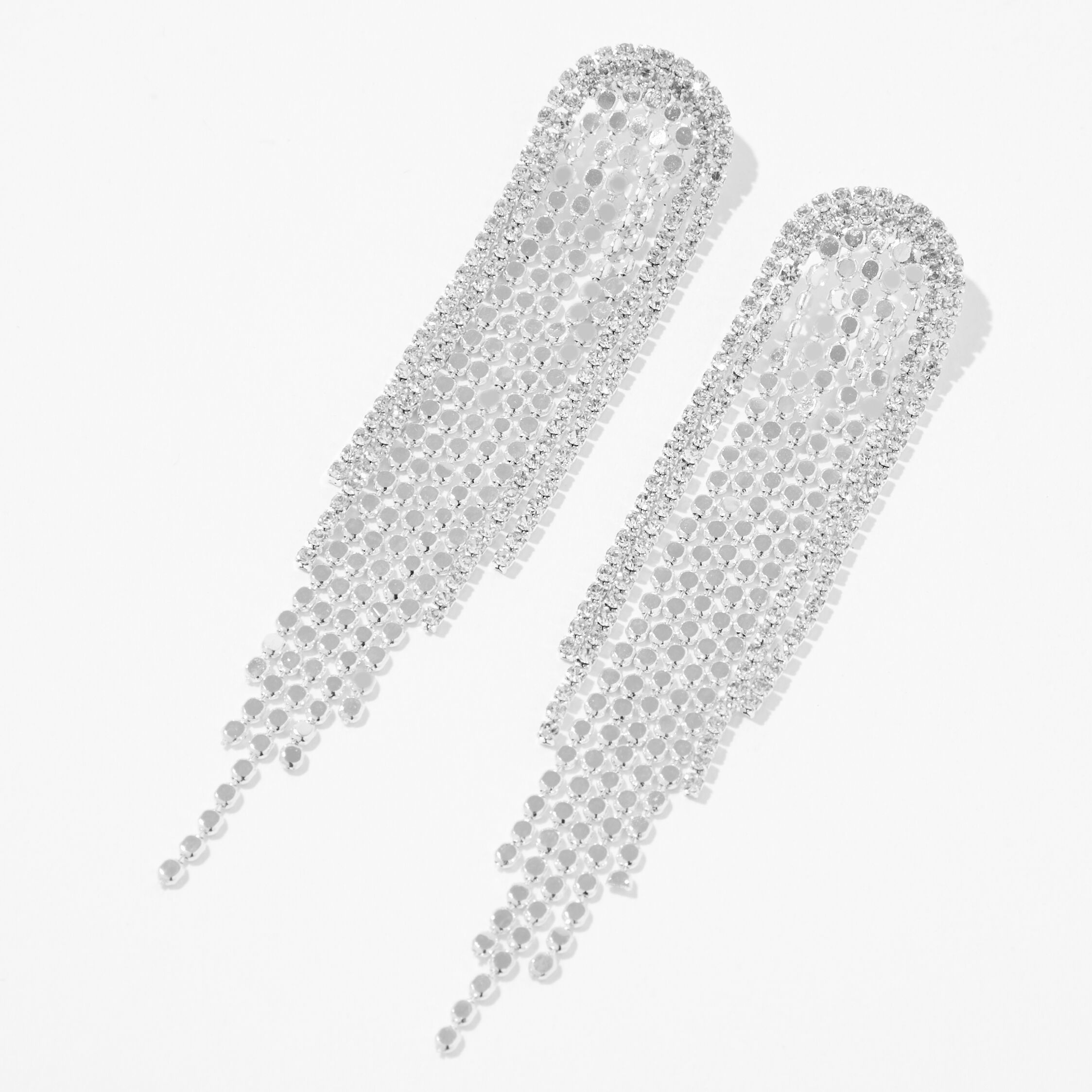 Silver Rhinestone 4" Disco Fringe Drop Earrings,
