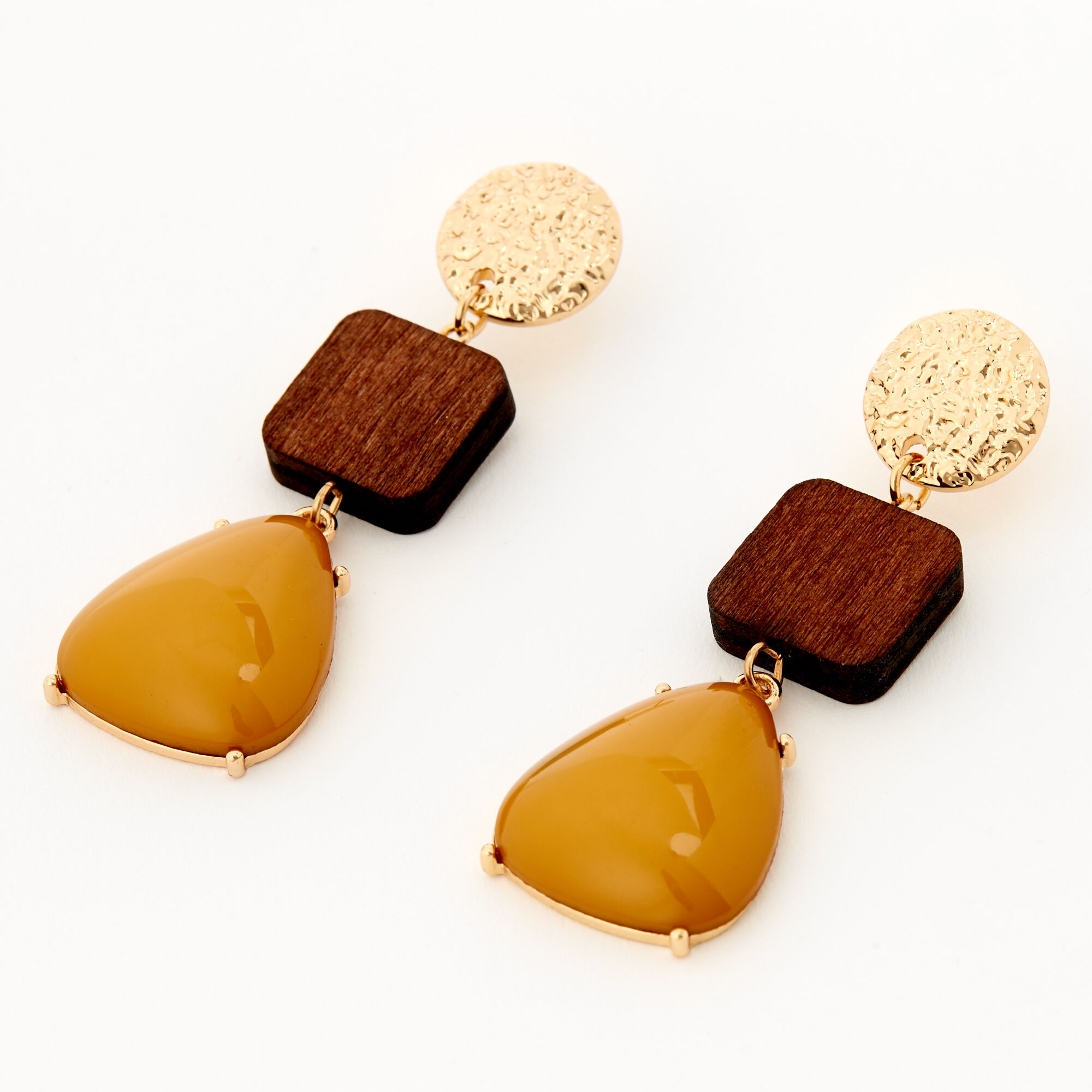 Gold 2.5" Wooden & Yellow Stone Tiered Drop Earrings,