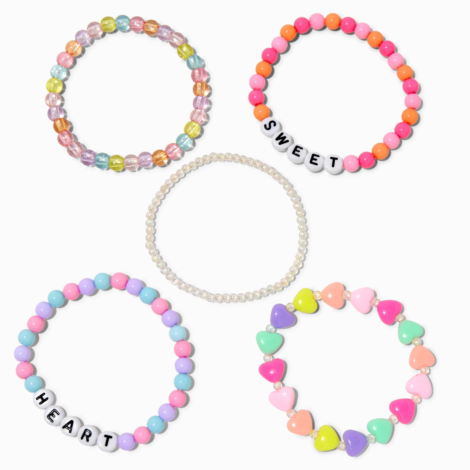 "Heart" & "Sweet" Candy Heart Beaded Stretch Bracelets - 5 Pack,