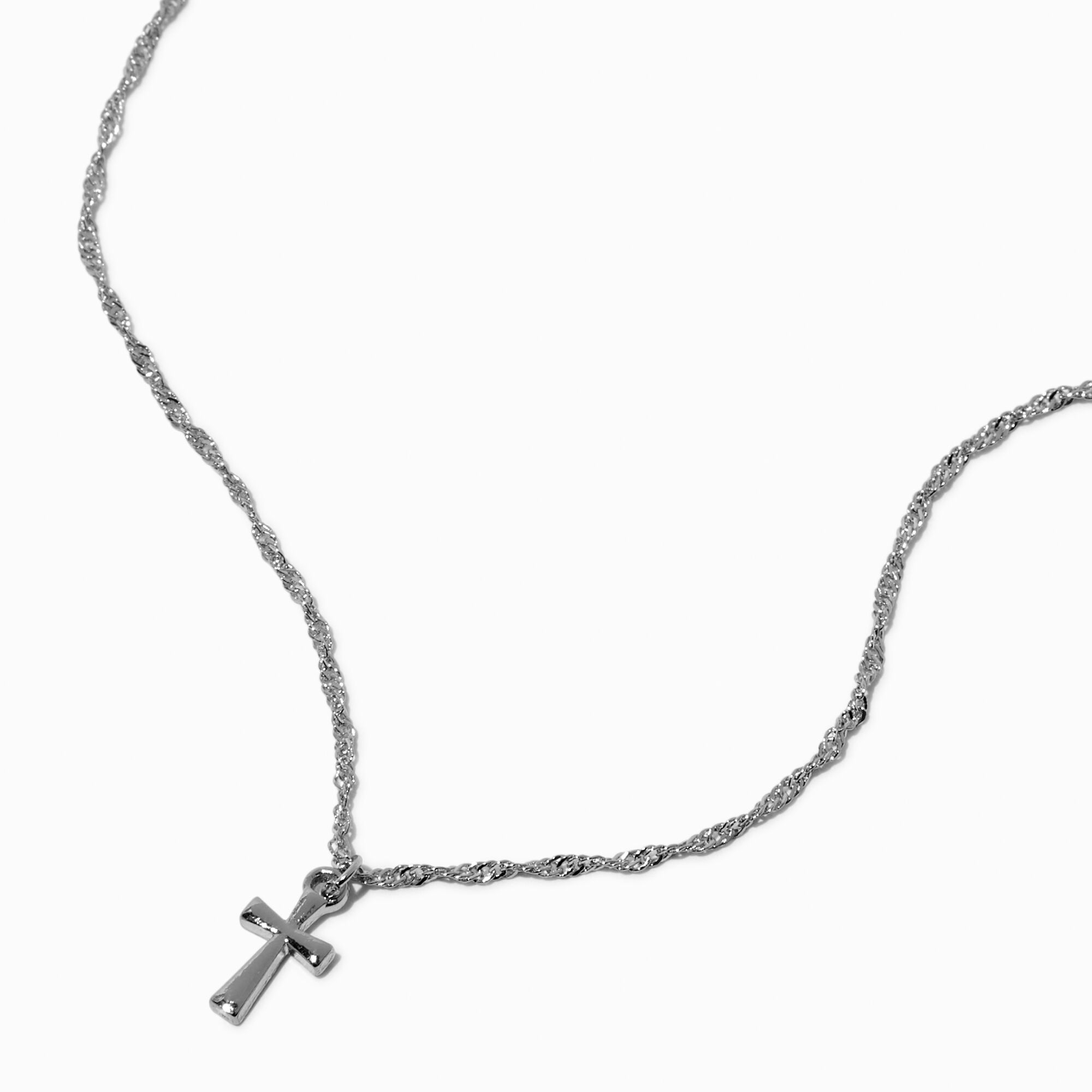 Collier pendentif croix chaîne torsadée couleur argentée,