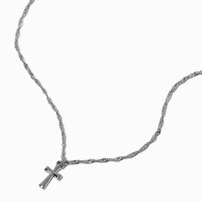 Collier pendentif croix cha&icirc;ne torsad&eacute;e couleur argent&eacute;e,