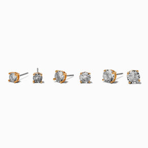 Gold-tone Cubic Zirconia 5mm, 6mm, &amp; 7mm Round Stud Earrings - 3 Pack,