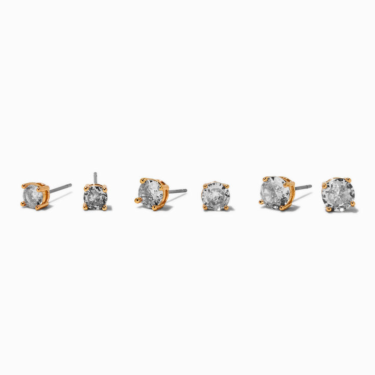 Gold-tone Cubic Zirconia 5mm, 6mm, &amp; 7mm Round Stud Earrings - 3 Pack,