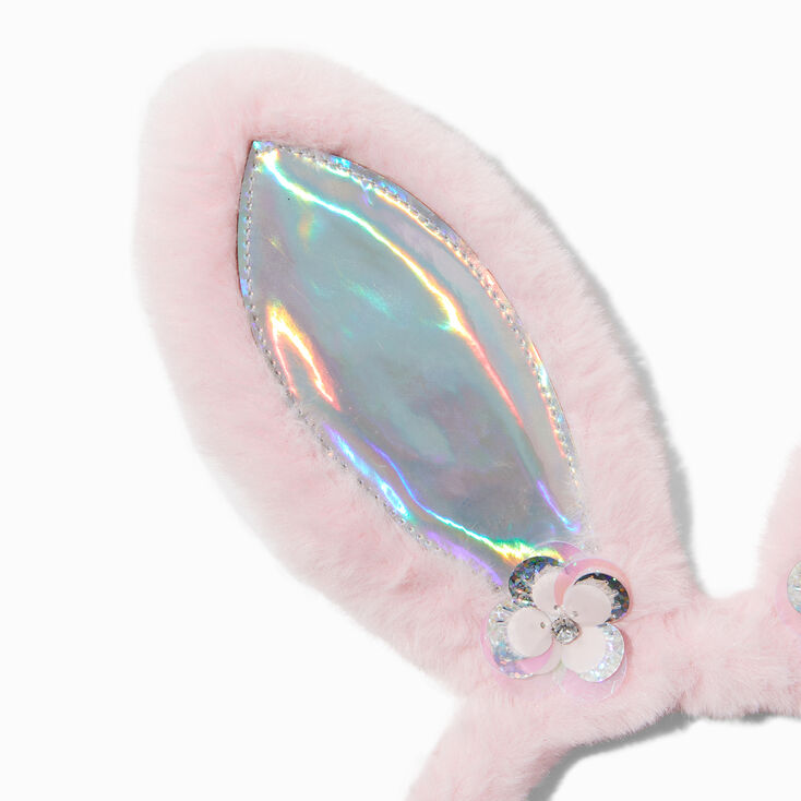 Serre-t&ecirc;te oreilles de lapin iridescentes en peluche rose,