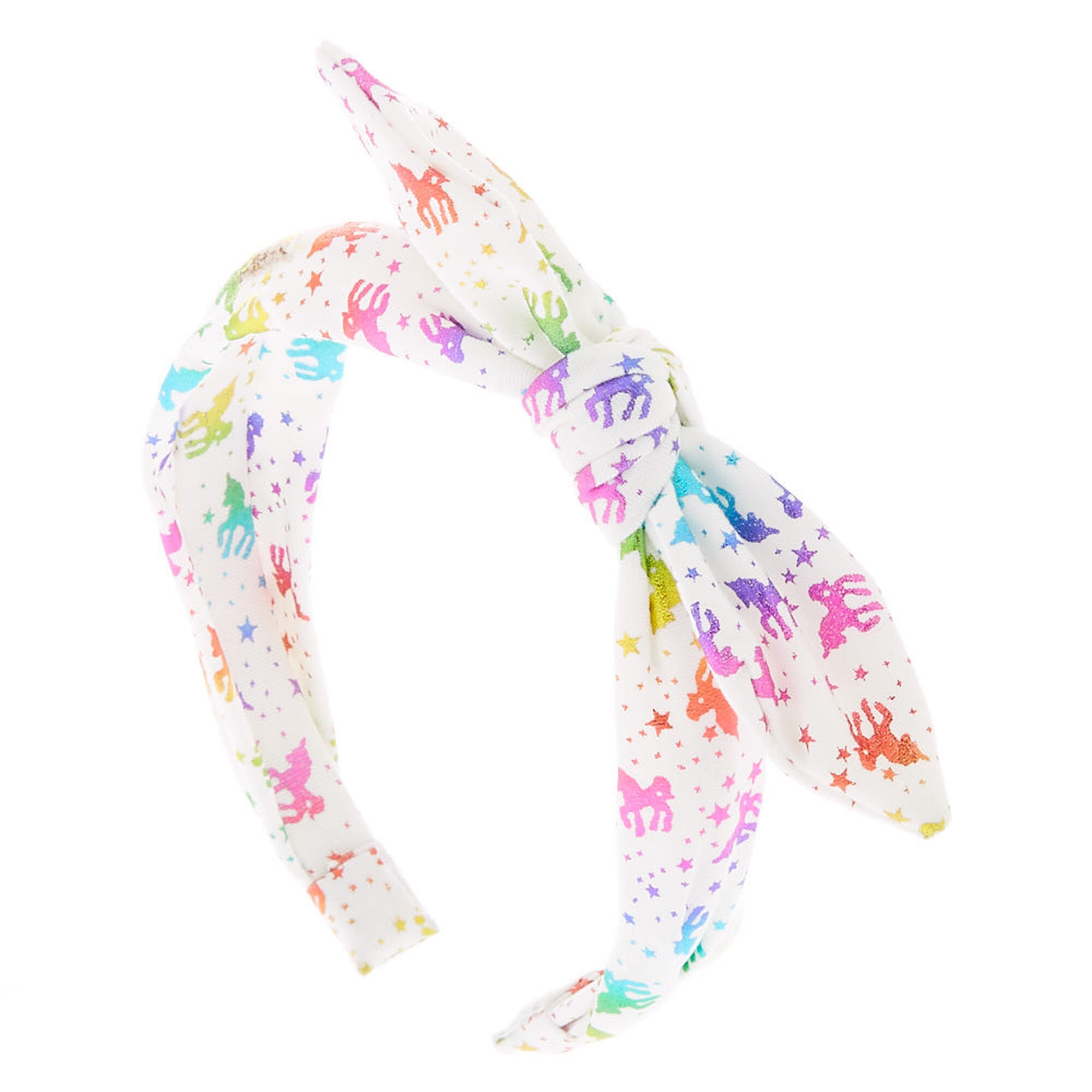View Claires Unicorn Foil Knotted Bow Headband Rainbow information