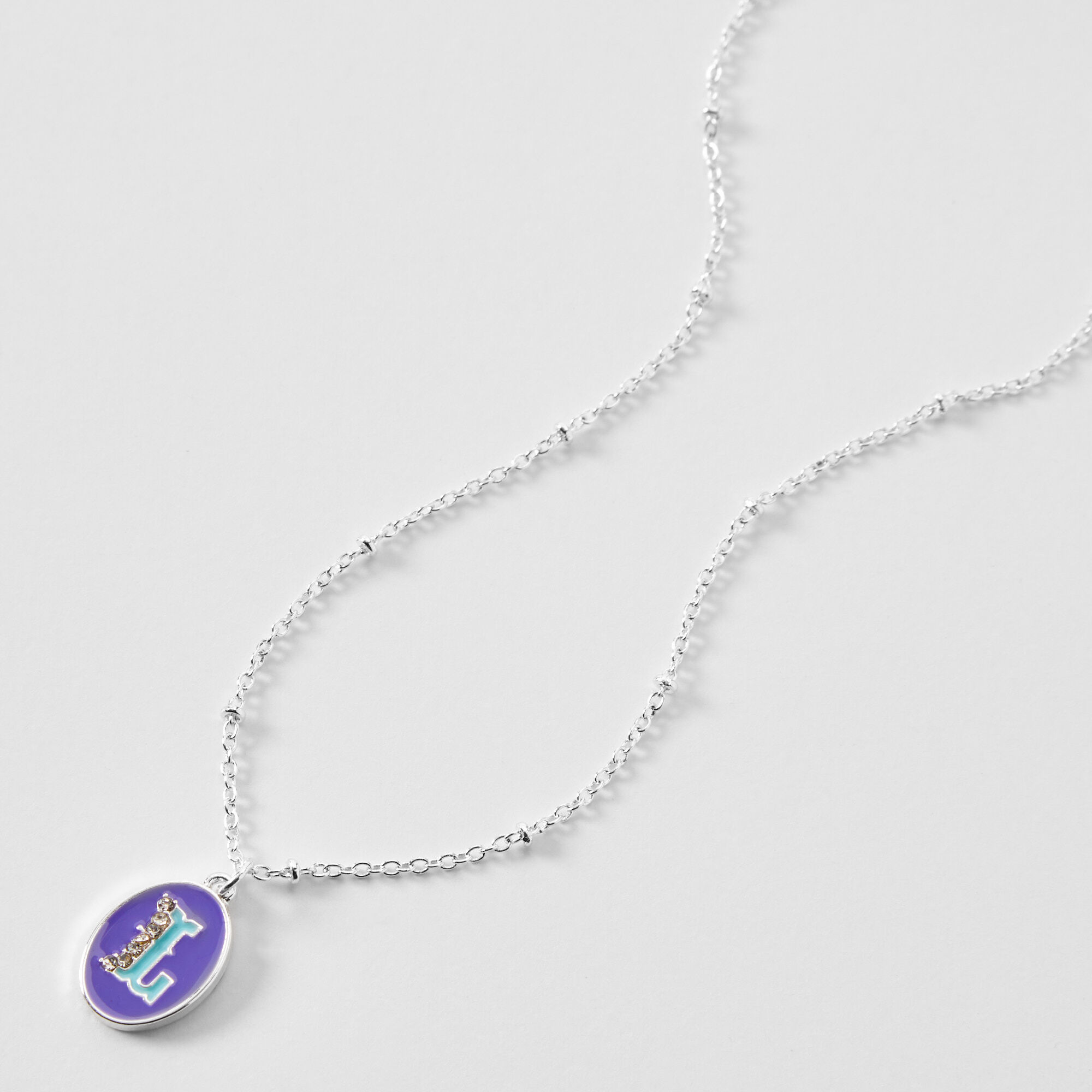 Silver Embellished Initial Turquoise & Purple Pendant Necklace - L,