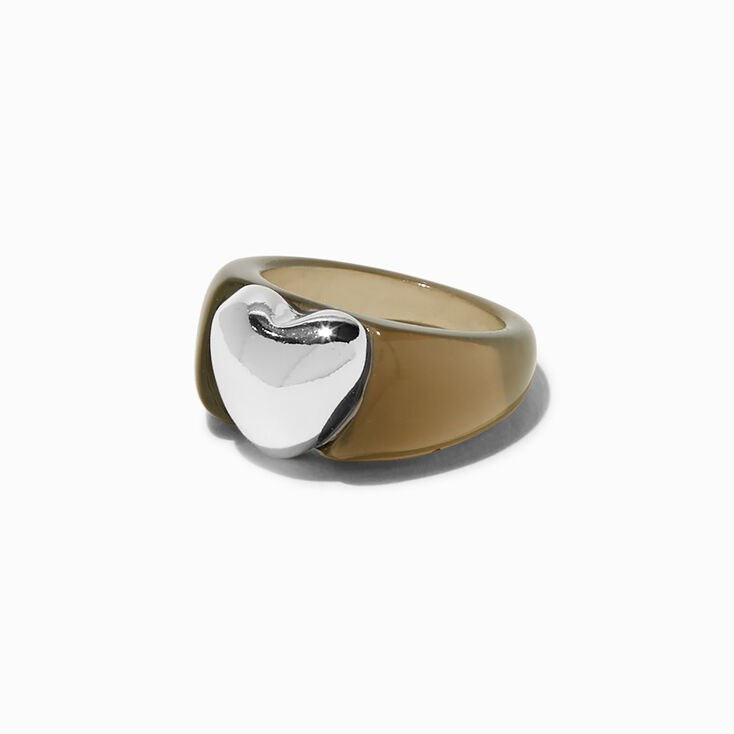 Silver-tone Heart Clear Black Acrylic Ring,