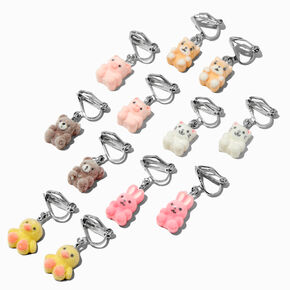 Fuzzy Animal 0.5&quot; Clip-On Drop Earrings - 6 Pack,