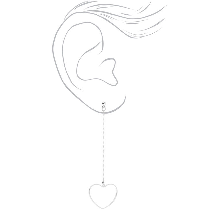 Silver 3&quot; Open Heart Linear Drop Earrings,