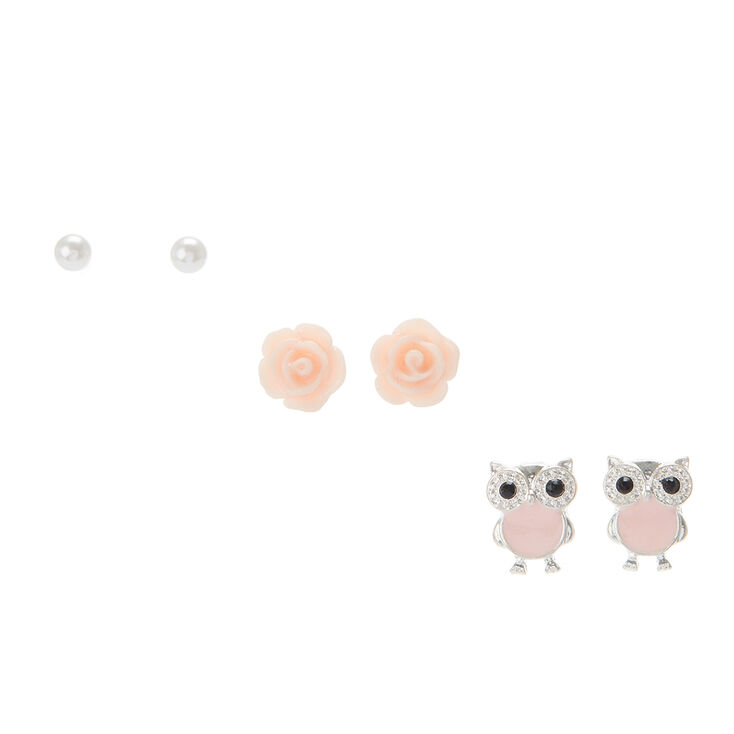 Lot de clous d&#39;oreilles hibou rose,