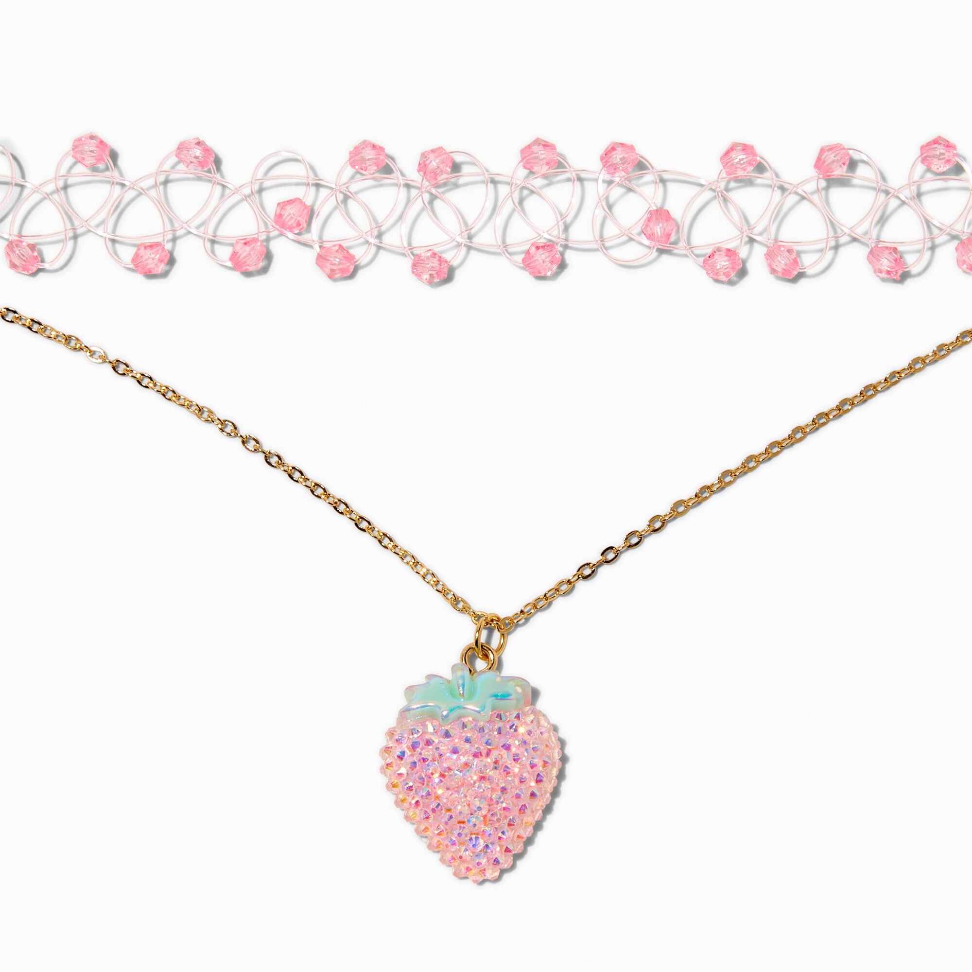 Pink Crystal Beaded Tattoo Choker & Strawberry Crystal Pendant Choker - 2 Pack,